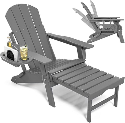 Adjustable Adirondack Chair with Retractable Ottoman, HDPE Folding Adirondack Chair with Cup Holder, All Weather Fire Pit Chair for Outdoor.