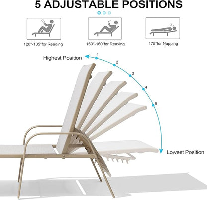 Crestlive Products Chaise Lounge Chair Outdoor with Armrests, Pool Lounge Chairs Set of 2, Aluminum Adjustable 5 Positions Sun Tanning Lounger for Patio, Poolside, Yard, Deck, Backyard (Mix Color)