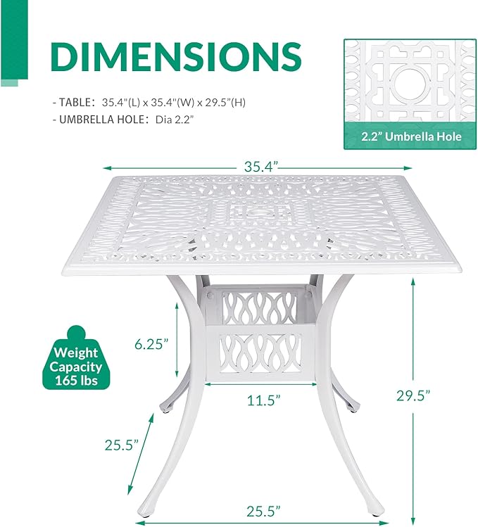 VIVIJASON 35.4" Outdoor Patio Dining Square Table White Cast Aluminum Rustic Large Patio Table with Umbrella Hole - Photo 3