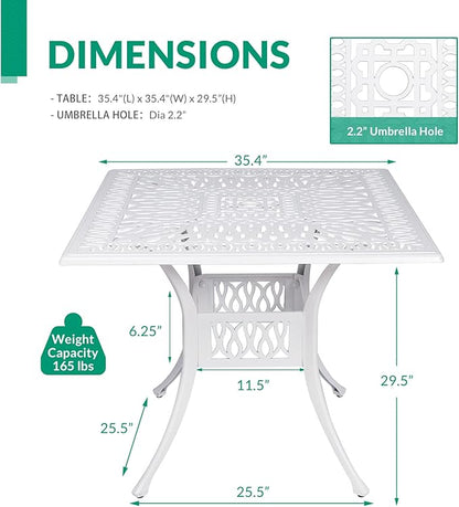 VIVIJASON 35.4" Outdoor Patio Dining Square Table White Cast Aluminum Rustic Large Patio Table with Umbrella Hole