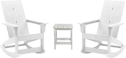 Flash Furniture Set of 2 Finn Modern Commercial Grade Adirondack Rocking Chairs - All-Weather White Poly Resin Wood - Matching Side Table