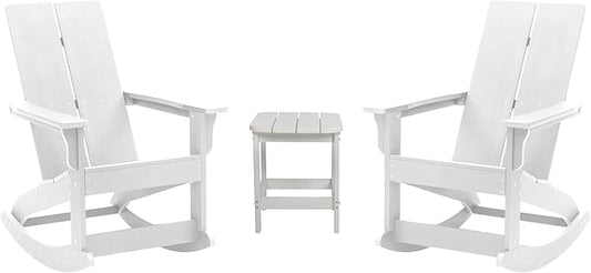 Flash Furniture Set of 2 Finn Modern Commercial Grade Adirondack Rocking Chairs - All-Weather White Poly Resin Wood - Matching Side Table