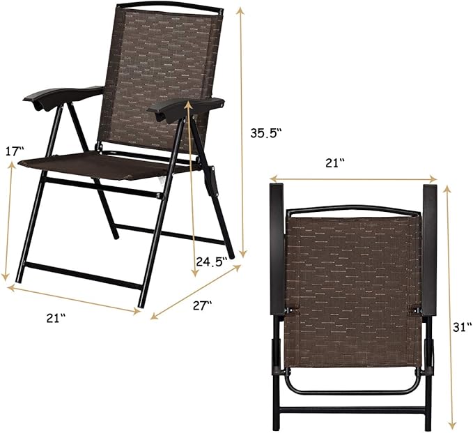 ARLIME Set of 4 Patio Folding Chairs, Height Adjustable Sling Backrest Chairs with Armrest, Weather-Resistant Chairs Portable for Outdoor Indoor Garden Pool Beach, Deck Lounge Chairs, Brown