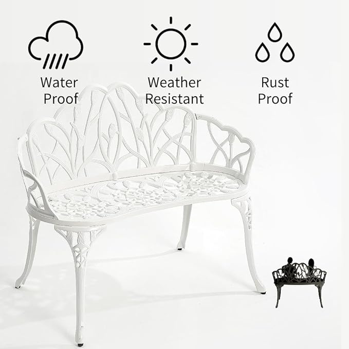 Patio Aluminum Outdoor Bench, Garden Metal Loveseat Furniture, Vintage Tulip Carving Antique White Front Porch Chair Seat