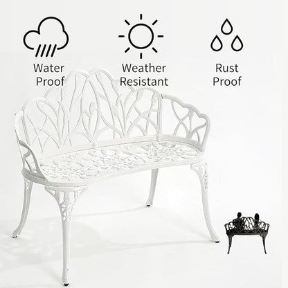Patio Aluminum Outdoor Bench, Garden Metal Loveseat Furniture, Vintage Tulip Carving Antique White Front Porch Chair Seat