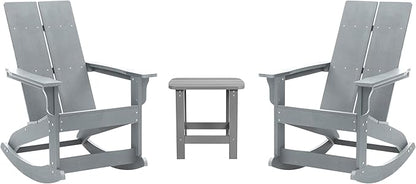 Flash Furniture Set of 2 Finn Modern Commercial Grade Adirondack Rocking Chairs - All-Weather Gray Poly Resin Wood - Matching Side Table