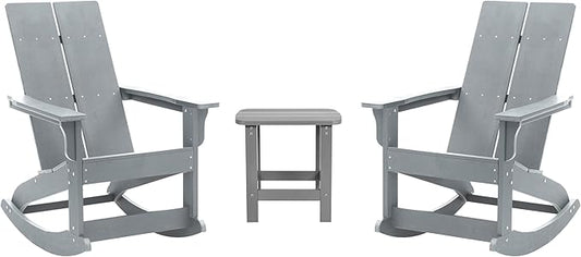 Flash Furniture Set of 2 Finn Modern Commercial Grade Adirondack Rocking Chairs - All-Weather Gray Poly Resin Wood - Matching Side Table