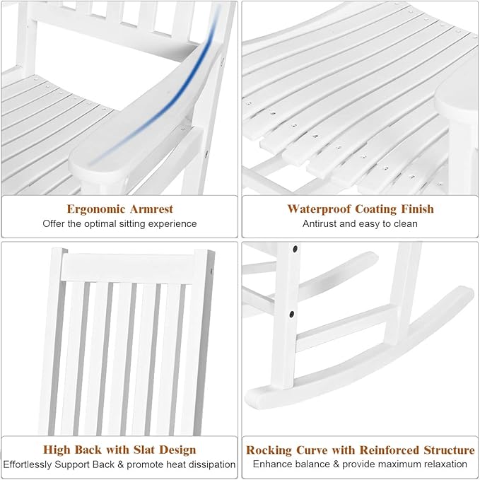 Giantex Rocking Chair Acacia Wood Frame Outdoor& Indoor for Garden, Lawn, Balcony, Backyard and Patio Porch Rocker (1, White)