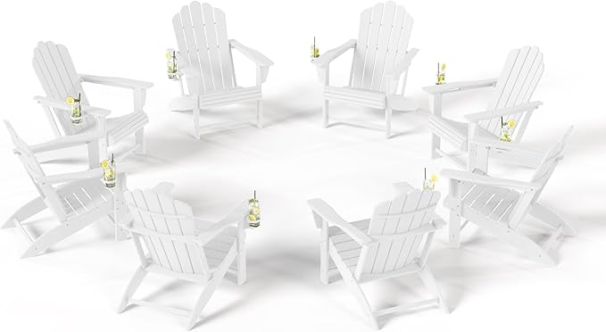Costaelm Lakeview Outdoor Patio HDPE Adirondack Chairs with Cup Holders (Set of 8), White
