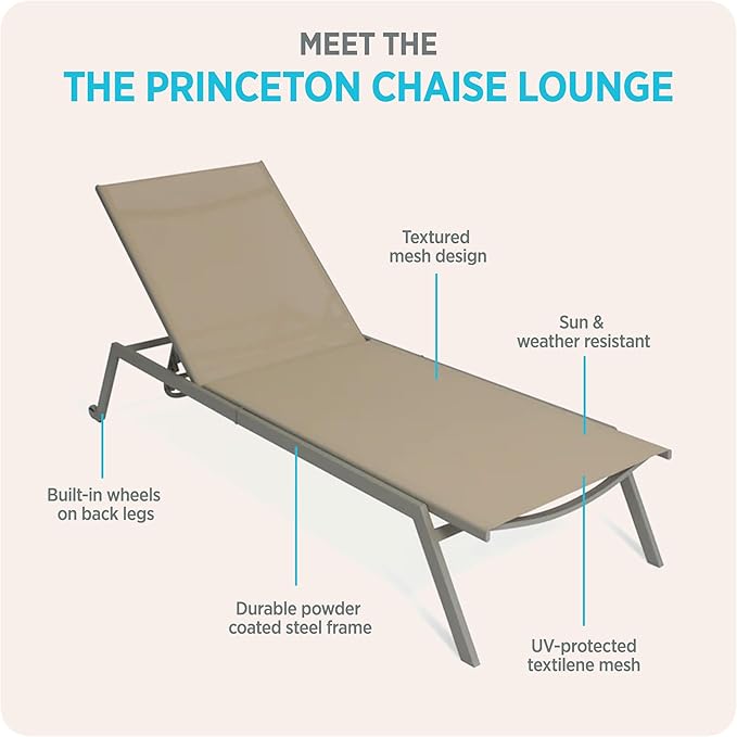 Ostrich Princeton Chaise Lounge Reading Tanning Lawn Chair, Outdoor Furniture for Pool, Beach, Patio, Backyard, and Deck, Tan/Taupe, 2 Pack