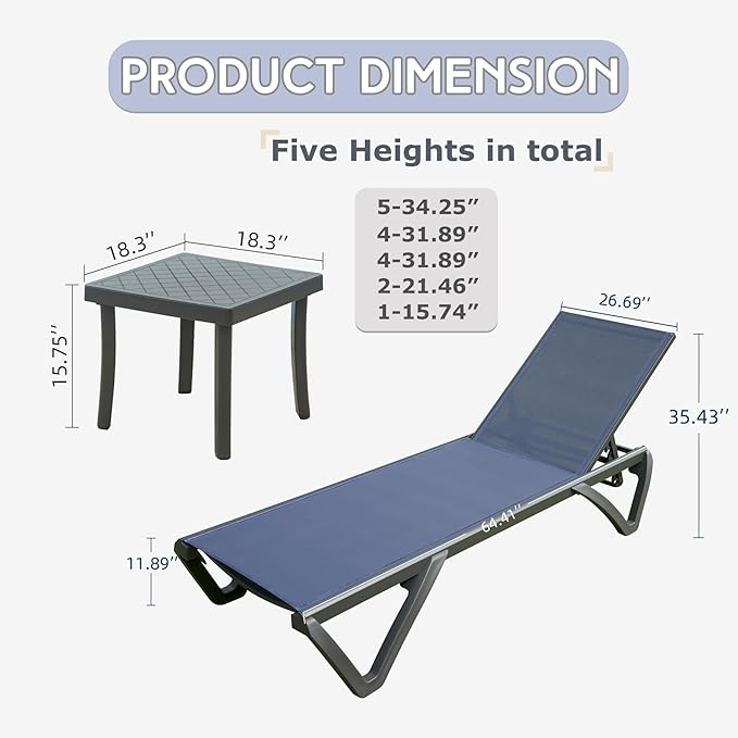 Domi Pool Lounge Chair Set of 3, Aluminum Outdoor Chaise Lounge with Side Table,5 Position Adjustable Backrest and Wheels, Outdoor Lounge Chairs for Pool, Garden, Beach, Backyar, Navy Blue