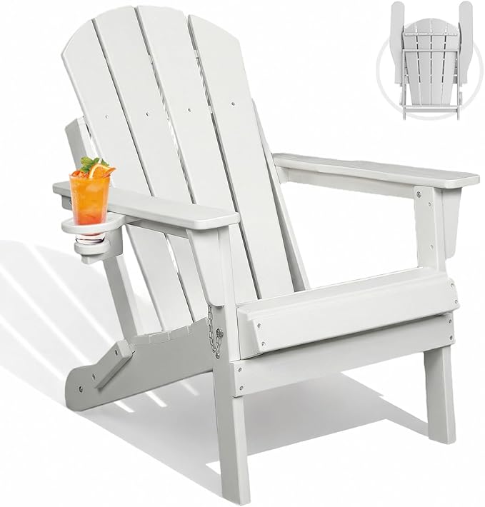 Folding Adirondack Chairs, Plastic Outdoor Patio Chairs with Cup Holder, Wood-Textured with Large Seat for Poolside Backyard Lawn, White