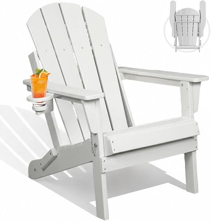 Folding Adirondack Chairs, Plastic Outdoor Patio Chairs with Cup Holder, Wood-Textured with Large Seat for Poolside Backyard Lawn, White