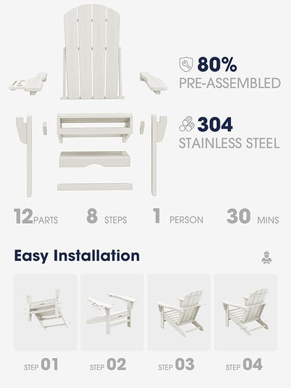 KINGYES Adjustable Folding Adirondack Chair with Footrest & 4-in-1 Multi-Functional Armrest Organizer Set of 4, HDPE Foldable Recliner Adirondack Chair with Pull-Out Ottoman, White