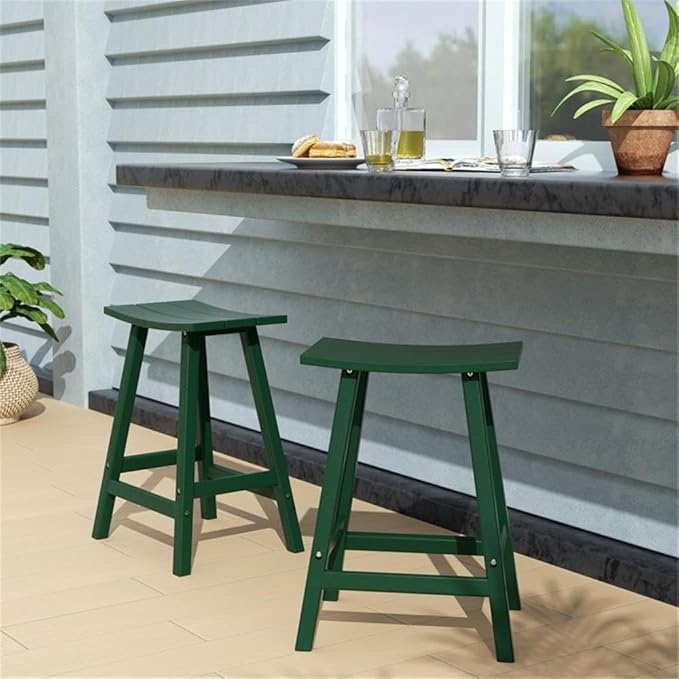 Costaelm All-Weather Bar Stools Set of 2, 24" Height Outdoor Bar Stools, Adirondack Poly Patio Bar Stool for Patio, Deck, Kitchen Counter and Garden, Dark Green