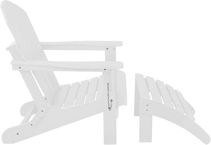 WestinTrends Malibu Outdoor Lounge Chair, 2-Pieces Adirondack Chair Set with Ottoman, All Weather Poly Lumber Patio Lawn Folding Chairs for Outside Pool Garden Backyard Beach, White