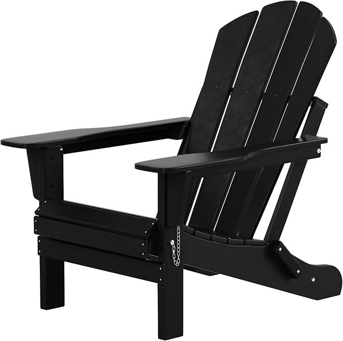 Costaelm Folding Patio Chairs Set of 2, Hdpe Adirondack Chairs Front Porch Furniture Outdoor Seating, All Weather Tanning Chair for Backyard Firepit Garden Lawn, Black