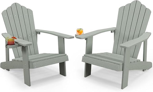 Tangkula Oversized Adirondack Chair, Patio Lounge Chairs w/Adjustable Cup Holder, HIPS Armchairs Slatted Chair, Outdoor Weather Resistant Fire Pit Chair for Deck Backyard Garden Porch (2, Light Grey)