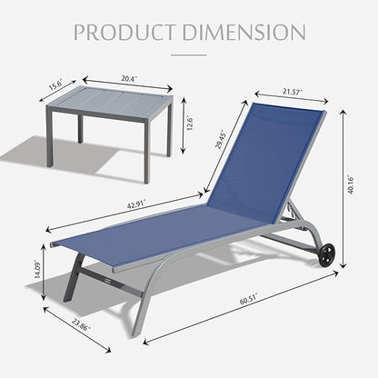Domi Chaise Lounge Outdoor Set of 3 Lounge Chairs for Outside w/Wheels, 5 Adjustable Position Pool Lounge Chairs for Patio, Beach, Yard, Navy Blue
