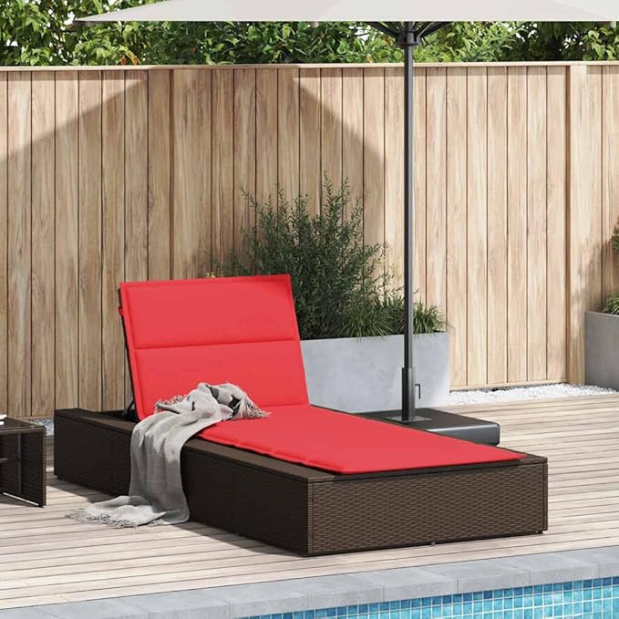 Brown Poly Rattan Outdoor Chaise Lounge 39.4 x 32.6 x 31.1 in Adjustable Backrest & Armrest for Patio Poolside Sunbathing, Garden Backyard Backyard Relaxation
