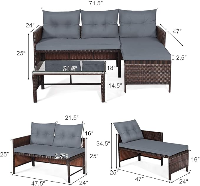 Tangkula Patio Corner Sofa Set 3 Piece, Outdoor Rattan Sofa Set, Includes Lounge Chaise, Loveseat & Coffee Table - Photo 5