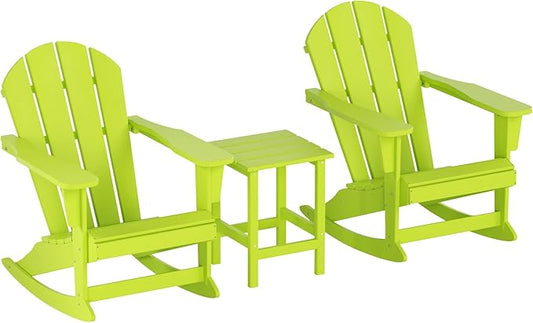 WO WESTIN OUTDOOR HDPE Laguna Outdoor Rocking Poly Adirondack Chair with Side Table 3-Piece Set, Lime
