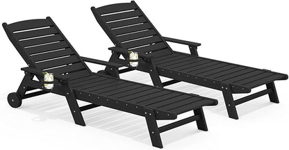SERWALL Patio Chaise Lounge Chair Set of 2, 78'' Long 5-Positions Adjustable HDPE Outdoor Lounger for Pool, Poly Lounge Chair with Rolling Wheels & Cup Holder for Poolside, Deck, Black