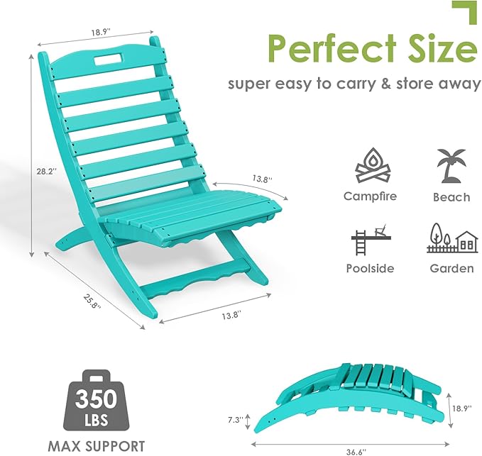 GREENVINES Folding-Xavier-Chair | Wave | Portable Adirondack-Chairs | HDPE Plastic | All Weather Fire-Pit Chair | Aqua - Photo 2