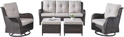 Rilyson Wicker Patio Furniture Set - 5 Piece Rattan Outdoor Sectional Conversation Sets with 2 Rocking Swivel Chairs,2 Ottomans and 1 Sofa for Porch Deck Garden(Brown/Beige)