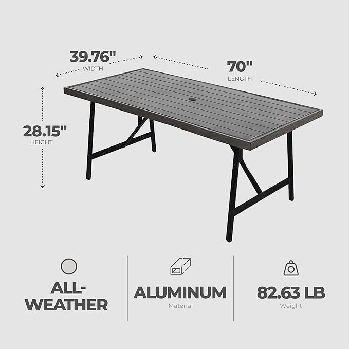Four Seasons Courtyard 40 x 70 Inch Rectangular Patio Dining Table 2 Tone Aluminum Eastport Slat Tabletop with Rust Proof Aluminum Frame, Black/Coffee