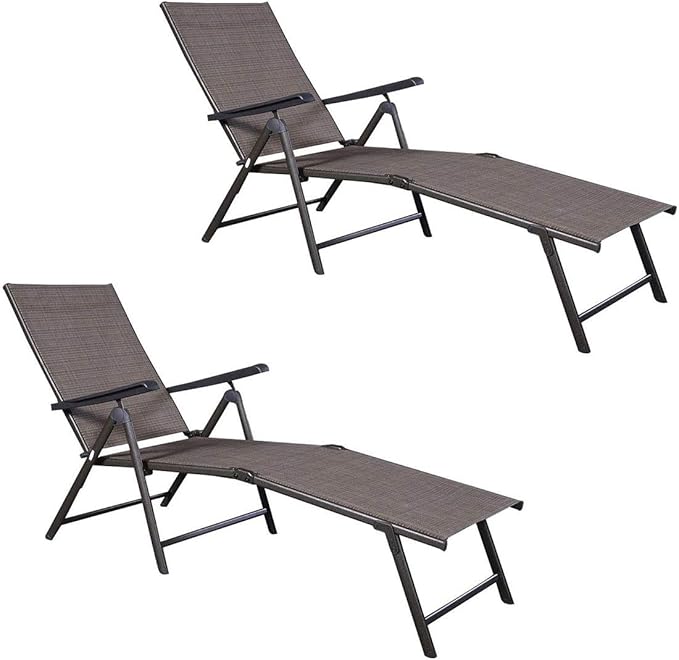 Giantex Set of 2 Chaise Lounge Chair with 5 Adjustable Reclining Positions, Patio Folding Recliner for Yard, Pool, Garden Beach Sunbathing Seat (2, Brown)