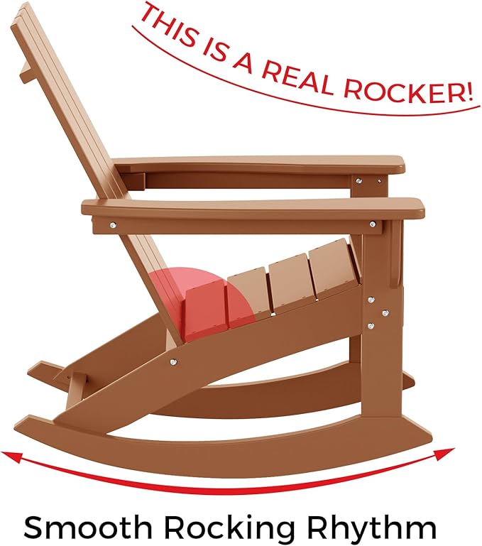 Costaelm Outdoor Adirondack Chair, All Weather Resistant Lawn Chairs Balcony Chair and Fire Pit Chairs, Patio Chair Outdoor Porch Rocking Chair High Back HDPE Poly Lumber, Teak