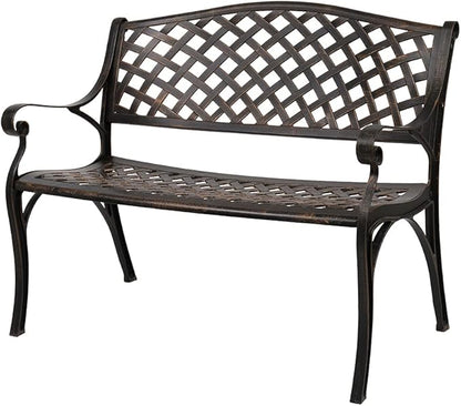 Outvita 2-Person Aluminium Outdoor Bench, Waterproof Patio Loveseat, Mesh Back with Arched Legs, Antique Bronze Finish, Sturdy and Durable, Outdoor, Front Porch, Backyard, Lawn, Garden, Pool, Deck