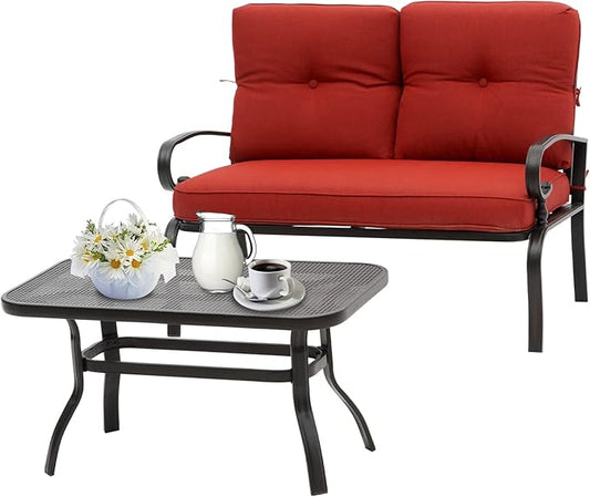 Incbruce Patio Loveseat with Coffee Table - Outdoor Bench with Cushion,2 Piece Wrought Iron Outdoor Loveseat Metal Frame Porch Furniture Set Bench for Patio, Poolside, Garden (Red)