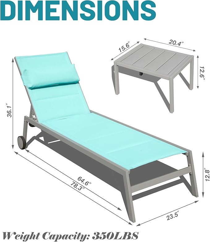 Domi Patio Chaise Lounge Set of 3, Outdoor Lounge Chair, Aluminum Textilene Padded 5 Position Pool Lounger, Stackable Lounge Chair w/Headrest, Wheels, Side Table, for Beach Backyard Lawn, Turquoise