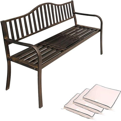 Metal Garden Bench, Patio Porch Furniture, All-Weather Outdoor Bench, Outdoor Benches with Foldable Small Table Plate(Bronze)