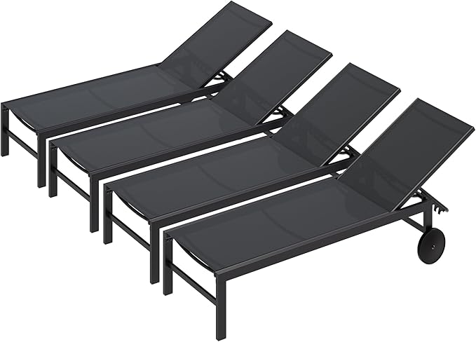 SUNLEI Patio Chaise Lounge Outdoor Set of 2, Pool Lounge Chairs for Outside w/5-Position Adjustable Backrest & All Weather, Tanning Recliner Chair for Pool Beach Deck (Dark Grey, 4 Pieces)