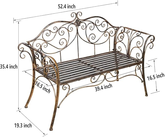 52 in Garden Bench,Cast Iron Outdoor Benches Metal Frame Patio Park Bench for Outside, Front Porch, Park, Lawn, Yard,Backyard and Balcony, Bronze