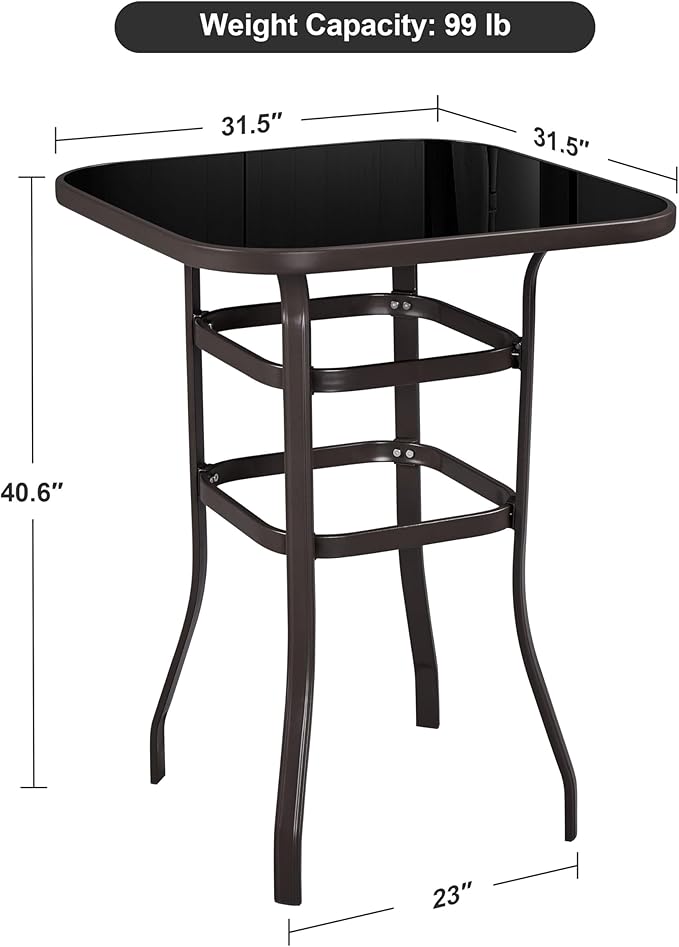 Yaheetech Patio Bar Table Tempered Glass, Height High Top Outdoor Pub Height Bistro Square Table for Paito Lawn Garden, Brown