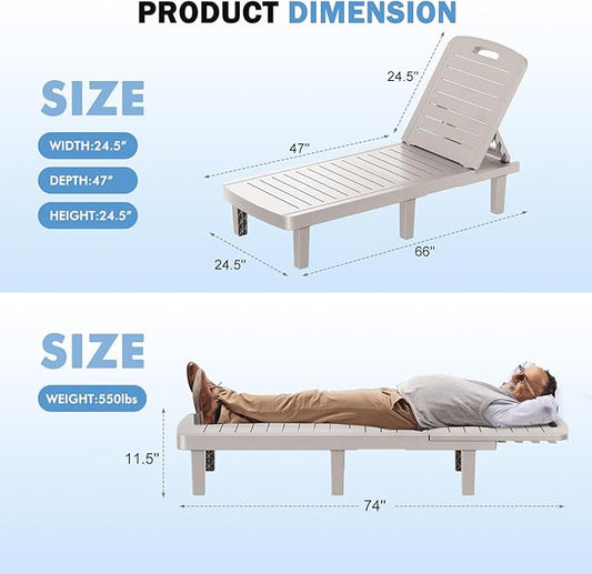 WACASA Outdoor Chaise Lounge Chairs Set of 4, Oversized Lounge Chairs with 5-Level Adjustable Backrest & Cup Holder, Resin Waterproof Pool Lounge Chair for Poolside, Patio, Beach, Yard, Gray
