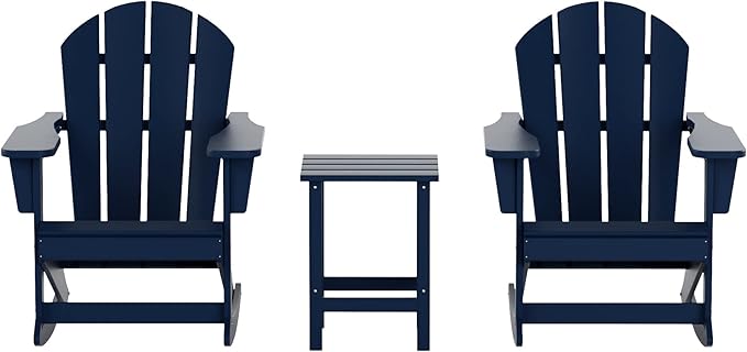 WO WESTIN OUTDOOR HDPE Laguna Outdoor Rocking Poly Adirondack Chair with Side Table 3-Piece Set, Navy Blue
