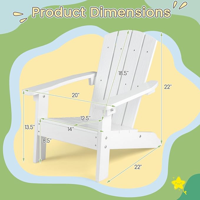 KOTEK Kids Adirondack Chair Set of 4, Plastic Toddler Lawn Chair with Ergonomic Seat, Wood-Grain Texture, Easy to Assemble, All-Weather Outdoor Kids Chairs for Patio, Garden, Backyard (White)