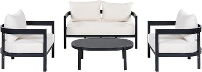 Merax 4 Piece Patio Outdoor Furniture Set, All-Weather Curved Aluminum Loveseat Sofa, 2 Armchairs w/Coushions,Oval Coffee Table, Conversation Set for Backyard Deck Poolside, Seats 5 Adult, Black