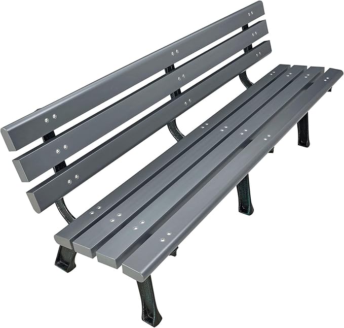 Global Industrial 6'L Outdoor Park Bench with Backrest, Recylced Plastic Slats, Wrought Iron Frame, 1985 lbs Capacity, Gray, Surface Mount, Easy Assembly