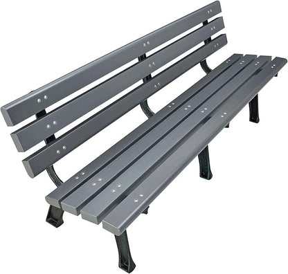 Global Industrial 6'L Outdoor Park Bench with Backrest, Recylced Plastic Slats, Wrought Iron Frame, 1985 lbs Capacity, Gray, Surface Mount, Easy Assembly