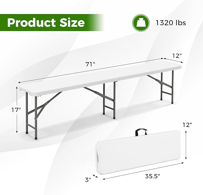 Giantex 6 FT Plastic Folding Bench, HDPE Portable Seat w/Metal Legs, Fold-in-Half Outdoor Bench for Picnic, Garden, Camping, Party Sport Events, 1320 lbs Capacity, No Assembly (1, White)