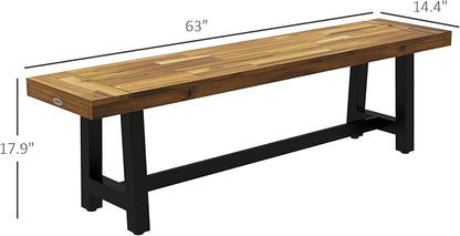 Wooden Outdoor Garden Bench, Park Bench with Acacia Wood Seat, Front Porch Bench with Metal Frame for Conservatory, Poolside, Deck, 63" x 14.25" x 18", Natural