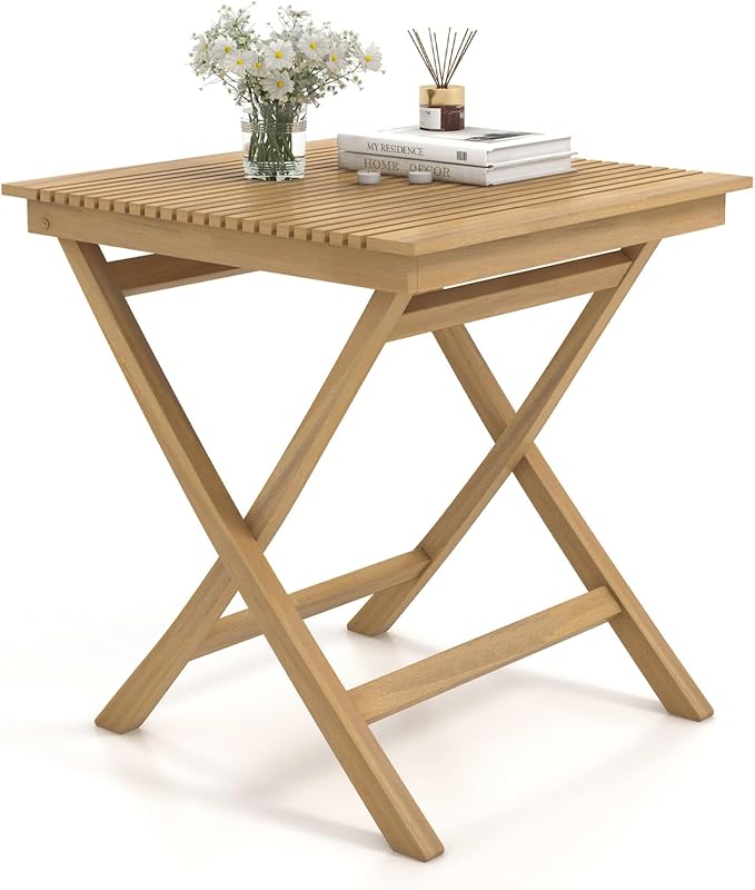 Tangkula 27.5 Inch Teak Wood Patio Dining Table, Square Outdoor Bistro Table with Slatted Tabletop - Photo 1