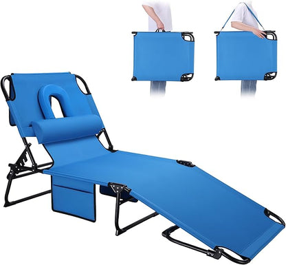 3-in-1 Sun Tanning Chair with Face Holes, Folding Chaise Lounge Chairs, 5-Position Adjustable Lounge Chair Outdoor with 2 Side Pocket & Pillow, for Pool Beach, Patio, Camping, Blue