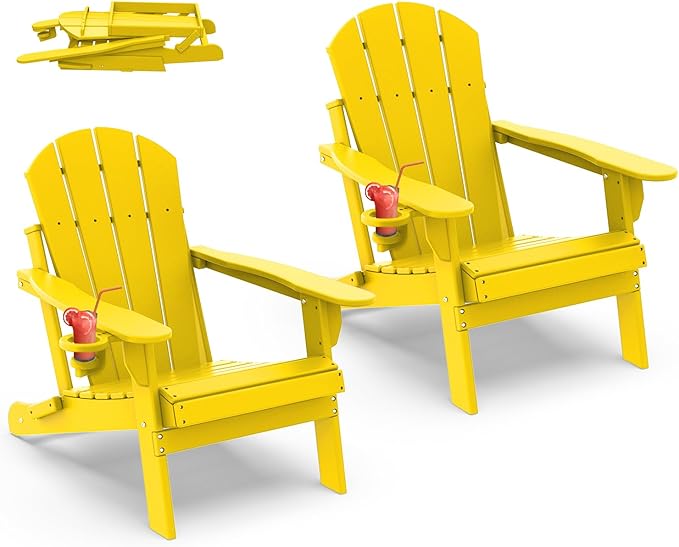 IVY&LANE Folding-Adirondack-Chairs-Set-of-2 | HDPE Plastic | Outdoor Fire Pit Chair with Cup Holder | Yellow | Poly | Weather Resistant | for Patio Deck Poolside Garden Beach